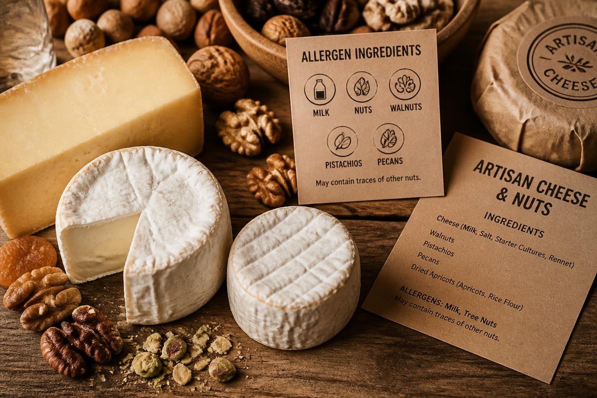 Fromages, fruits à coque et fiches d'ingrédients mentionnant les allergènes