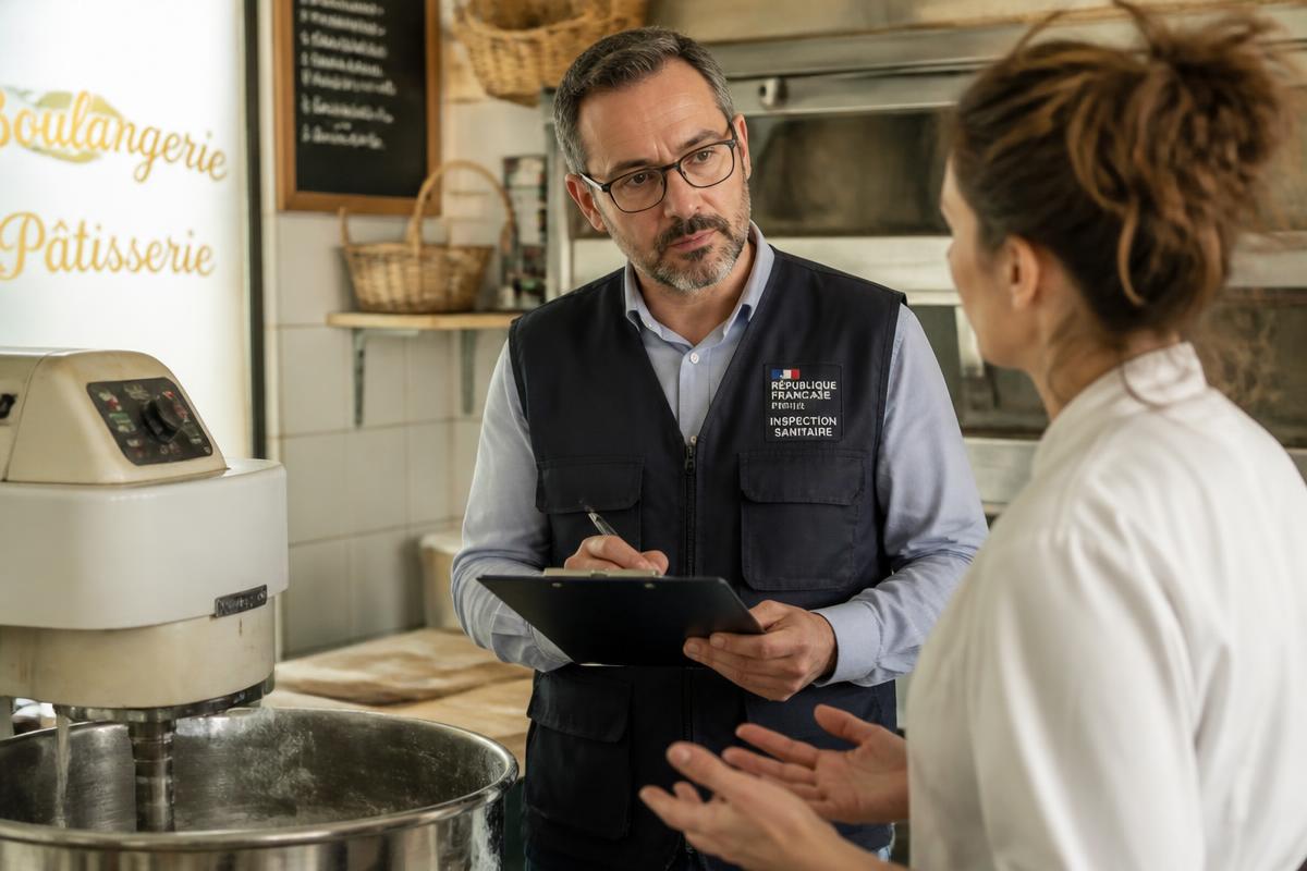 Un inspecteur sanitaire échange avec une artisane dans son fournil