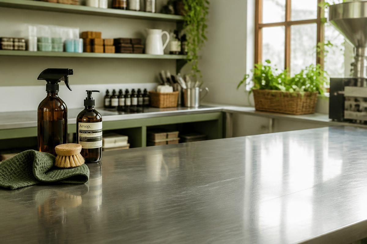 Plan de travail inox impeccable et produits de nettoyage dans un atelier artisanal