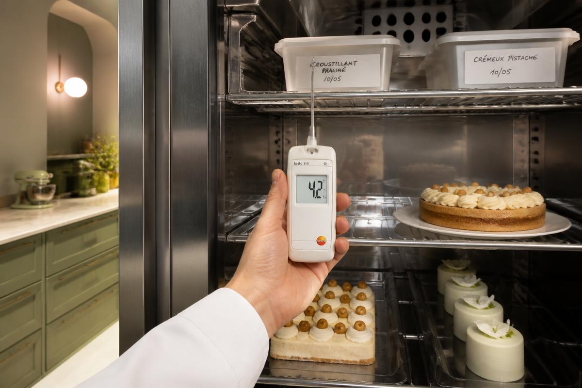 Relevé de la température d'une armoire réfrigérée dans un laboratoire de pâtisserie