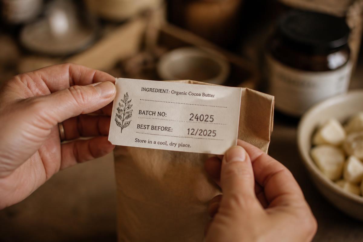 Étiquette d'un ingrédient avec numéro de lot et date de durabilité minimale